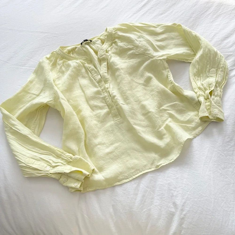 J.Crew 100% Linen Cabana Popover Top Pale Yellow Size Large